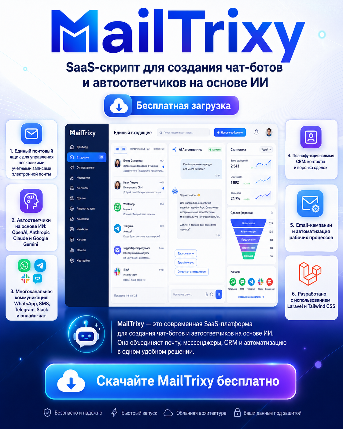 MailTrixy v1.1 – SaaS-скрипт для создания почтовых бот-ответчиков и автоматической рассылки писем на основе искусственного интеллекта.